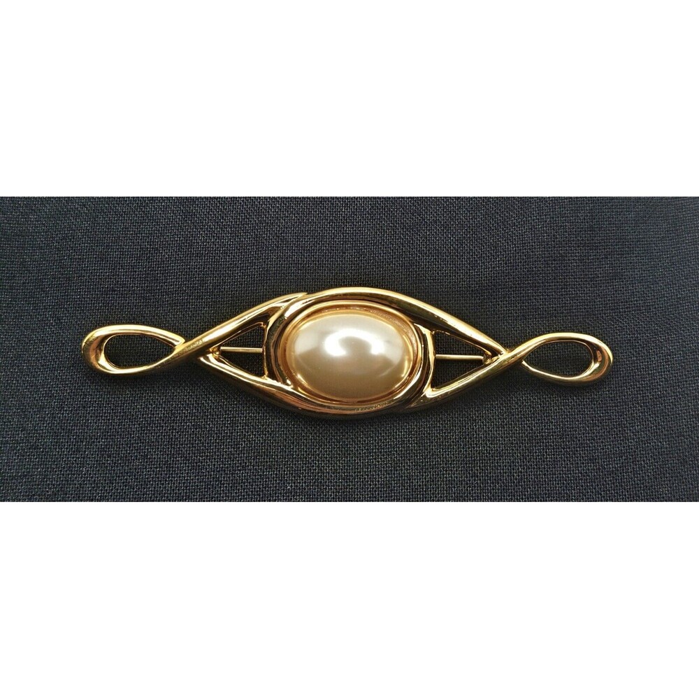 Vintage Napier Faux Pearl Bar Brooch Pin Gold Tone 3"